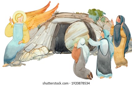 Angel Speaks To Women-myrrh-bearers About The Resurrection Of Jesus Christ, The Tomb Of The Lord, Isolated On A White Background.For Christian Church Publications, Easter Cards, Prints.Biblical Contex