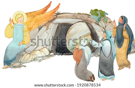 Angel speaks to women-myrrh-bearers about the resurrection of Jesus Christ, the tomb of the Lord, isolated on a white background.For Christian church publications, Easter cards, prints.Biblical contex