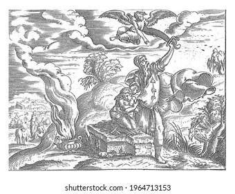 An angel stops Abraham who is just about to sacrifice his son Isaac. Print from a series of 12 prints with the life of Abraham.