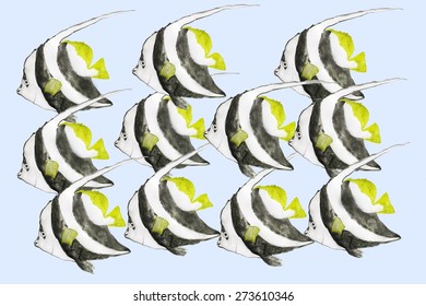 Angel Tricolor Fish Watercolor Textile Pattern On Blue