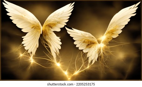 Angel Wings Are Decorated With Gold On A Black Background. The Wings Are Highlighted In Gold And Cast A Shadow. The Plumage Grows In Two Directions. 3d Render