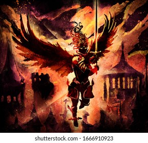 Angel woman rushing into battle with a sword at the ready on the background of a Beautiful magical fantasy city, with towers and temples, against a yellow-orange sky. 2D illustration.