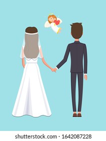 Angelic Child With Heart And Wings Raster, Man And Woman At Wedding. Couple Getting Married, Cupid With Halo, Bride And Groom Holding Hands Of Each Other