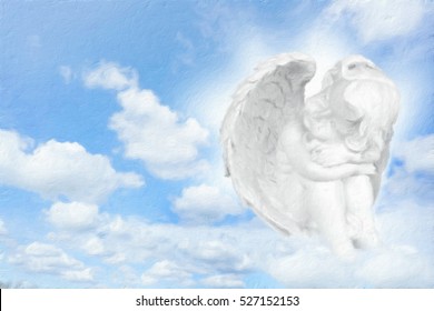 Angels dreams before sky. Oil painting effect