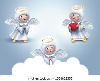 angels in heaven, 3d illustration. Cute cartoon characters. Funny children wearing costumes.