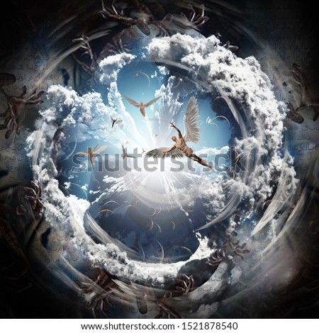 Angels inside the Vortex of Souls. Text in the original Arabic from the mystic poet Jalāl ad-Dīn Muhammad Rūmī who lived during the thirteenth century 1207 – 1273. 3D rendering