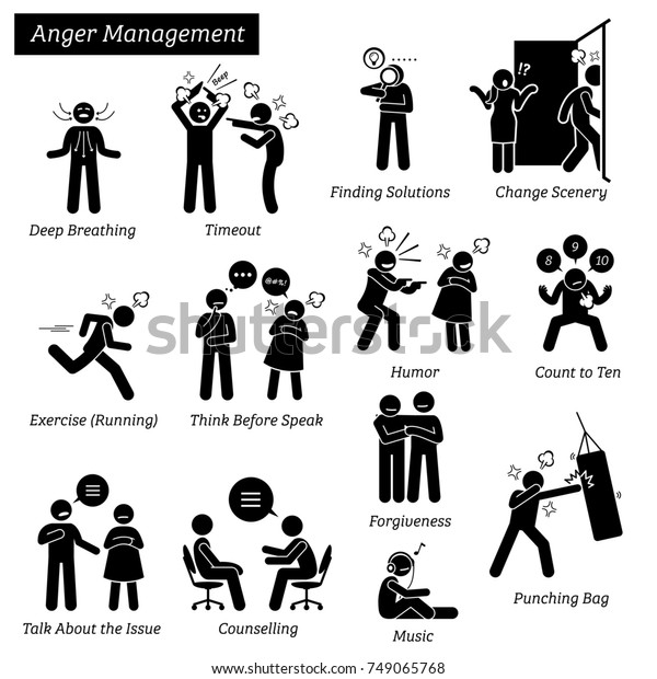 怒り管理スティックの図のアイコン イラストは 爆発 怒り 不機嫌 ストレス 問題の間に落ち着き 発散する方法と方法を描いたものです のイラスト素材
