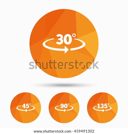 Angle 30-135 degrees icons. Geometry math signs symbols. Full complete rotation arrow. Triangular low poly buttons with shadow. 
