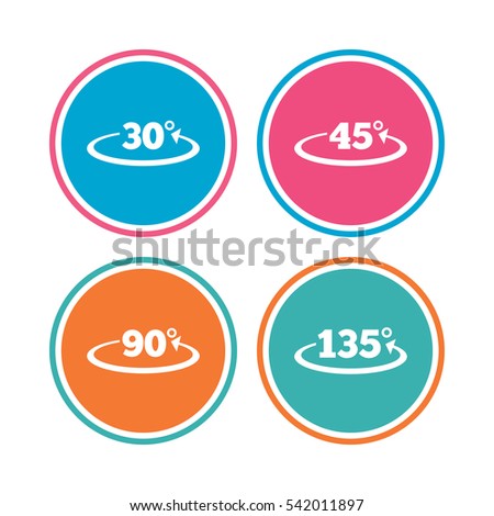 Angle 30-135 degrees icons. Geometry math signs symbols. Full complete rotation arrow. Colored circle buttons. 