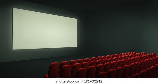 Angle View, Of An Empty Cinema Theater With Blank White Screen, To Add Your Own Text In It. 3D Rendering