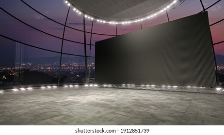 Angle View, Full Frame Of A Virtual Stage Set With A Huge Videowall. A 3D Rendering VR Backdrop Ideal For TV Shows, Keynotes Or Product Presentations