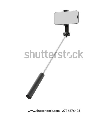 Angled side view of an extended selfie stick with smartphone mount, diagonally positioned against white background, isolated 3D render for mobile photography accessory mockup.