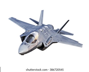 Angled view of a F35 jet aircraft isolated on a white background.