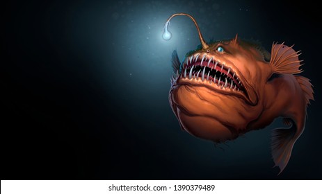 Angler fish background dark blue water realistic illustration art  Scary deep  sea fish predator In the depths the ocean  Place for text 