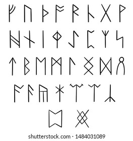 Anglo-Saxon futhark runic font. 33 runes. ABC hand drawn letters. Ancient futhark. Black symbols are isolated on white background.