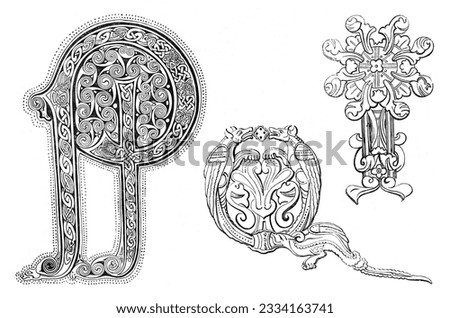 Anglo-Saxon illuminated letter and ornament (between 8th and 10th century) - Vintage engraved illustration isolated on white background Foto stock © 