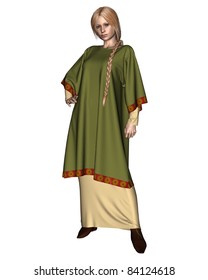 Anglo-Saxon, Viking, or Early Medieval woman wearing a green embroidered tunic, 3d digitally rendered illustration