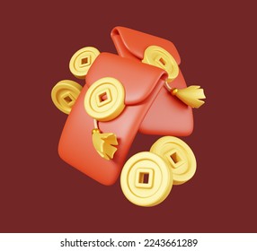 Angpao aka. CNY red envelopes, gold ingots and coin isolated on red background. Chinese new year elements icon. 3D render illustration. - Powered by Shutterstock