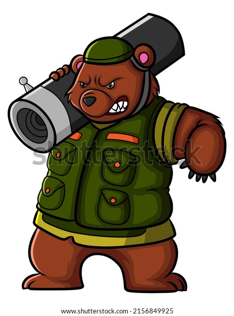 The angry army bear is holding the bazooka\
weapon of\
illustration