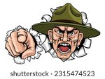 An angry army bootcamp drill sergeant soldier pointing at the viewer and shouting cartoon