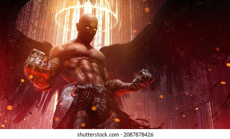 The angry black angel in the cathedral clenches his iron fists spreading his big wings, he has an athletic muscular body, a glowing furious look, and a plate belt, his body sparkles. 3d rendering art