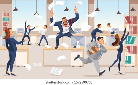 Angry boss screams in chaos at his subordinates. Stressed cartoon characters. Office workers hurry up with job. Fun cartoon characters. illustration of work situation.