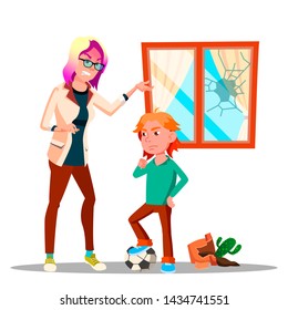 Angry Character Woman Yelling At Schoolboy . Mother Yelling Scolding At Sad, Upset Guilty Son Breaking Window And Vase With Cactus While Playing Soccer. Flat Cartoon Illustration