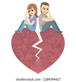 Angry Couple Sitting On Big Red Broken Heart Divorce Argument Breakup Concept