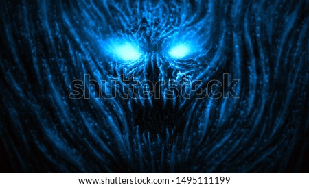 Angry devil face with glowing eyes. Illustration in the genre of horror. Blue background color. Stock photo © 