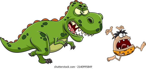 Angry Dinosaur Chasing A Caveman Cartoon Characters. Raster Hand Drawn Illustration Isolated On White Background