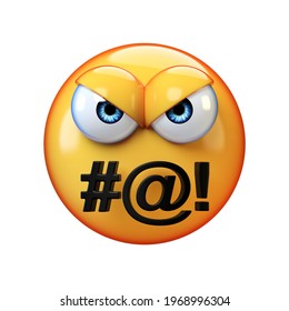 Angry Emoticon Swearing Isolated On White Background, Bad Mouth Emoji 3d Rendering