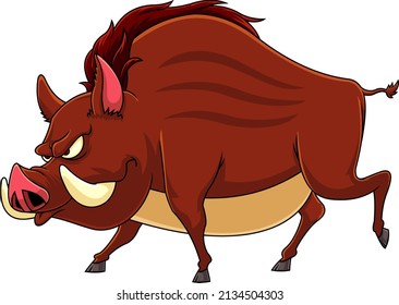 Angry Giant Wild Boar Cartoon Character Running. Raster Hand Drawn Illustration Isolated On White Background