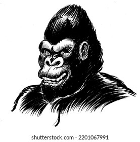 Angry Gorilla Face. Ink Black And White Drawing