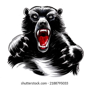 Angry Grizzly Bear. Ink Black And White Drawing