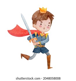 Angry kid boy prince warrior running with sword ready to fight watercolor textured illustration. Hand drawn painting childish knight in crown cloak isolated. Cartoon person at medieval costume