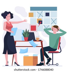 Angry Manager Blaming Scared Colleague. Two Employees Arguing At Note Board Flat Illustration. Conflict, Planning Failure Concept For Banner, Website Design Or Landing Web Page