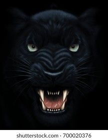 Angry Panther Face In Darkness. Digital Painting. 