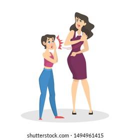 Angry Parent Screaming At Young Child. Conflict In The Family. Furious Mother Slap Daughter In The Face. Punishment From Parent. Illustration In Cartoon Style