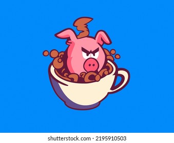 An Angry Pig Bathing In A Cup Of Coffee. Funny Cartoon Comics Illustration.
