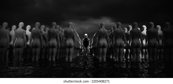 Angry Rebel Women Spotlight Unique Leader Figure Individuality Dystopian Crowd Of People 3d Illustration Render