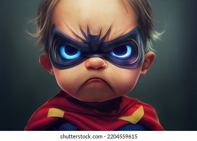 Angry Toddler Super Hero With An Eye Mask, Digital Illustration