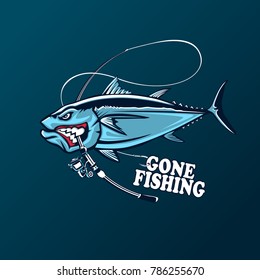 Angry Tuna Fish Logo. Tuna Fishing Emblem. Big Eye Tuna. Angry Fishing Club Logotype.