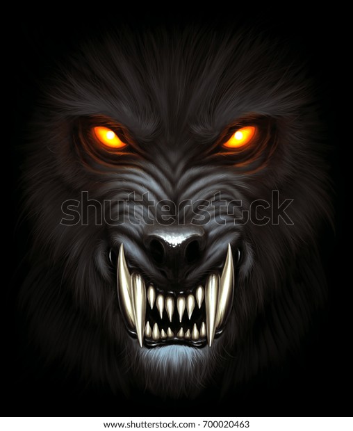怒ったオオカミ人間の顔は闇の中で デジタル画 のイラスト素材