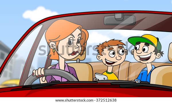  Angry woman driving the car, children sit and
play on the backseat