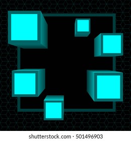Angular Turquoise Technological Background. Wall Construction. Square Blocks in Outlook. Cardboard Boxes Isolated on Dark Background. Raster. 3d Illustration