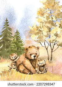 Animal Bear Family, Mama Bear With Cubs In The Forest, Watercolor Illustration Autumn Landscape