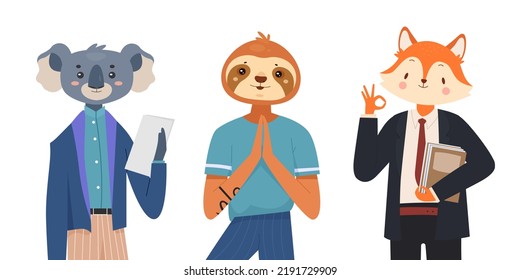 Animal Characters Anthropomorphic Set Illustration. Cartoon Funny Koala In Office Outfit Holding Paper Document, Fox Businessman In Suit, Sloth Practicing Yoga Relaxation Isolated On White