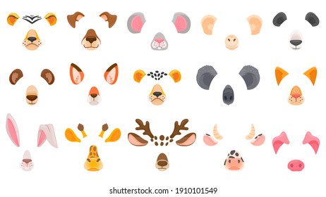 Animal Face For Video Chat. Filter Masks Of Animals. Fox, Panda And Koala, Deer And Bear, Cheetah And Tiger, Dog And Cat. Cartoon  Set Animal Mask, Nose And Ears Illustration