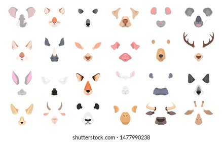 Animal face for video chat or selfie effect. Funny dog and cat mask with nose and ears. Isolated  illustration in cartoon style