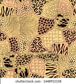 Animal fur patches. Peachy beige abstract hand drawn seamless pattern patchwork print